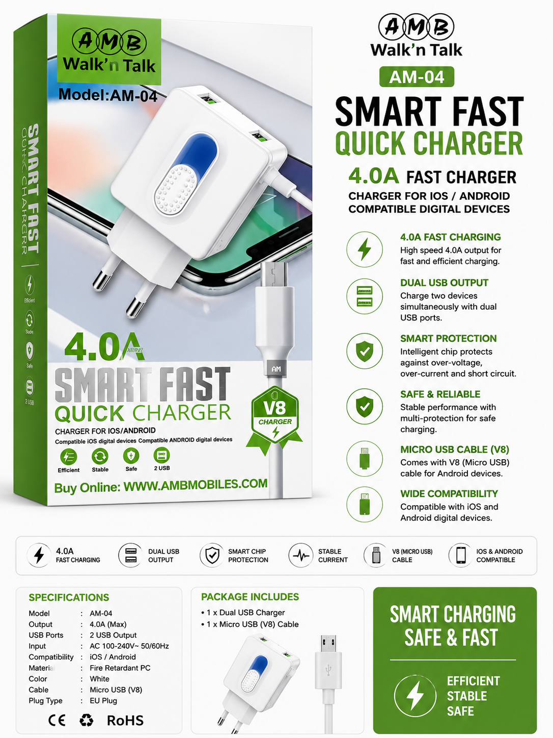 AMB Walk’n Talk AM-04 4.0A Smart Fast Quick Charger – Dual USB Charger with Micro USB V8 Cable