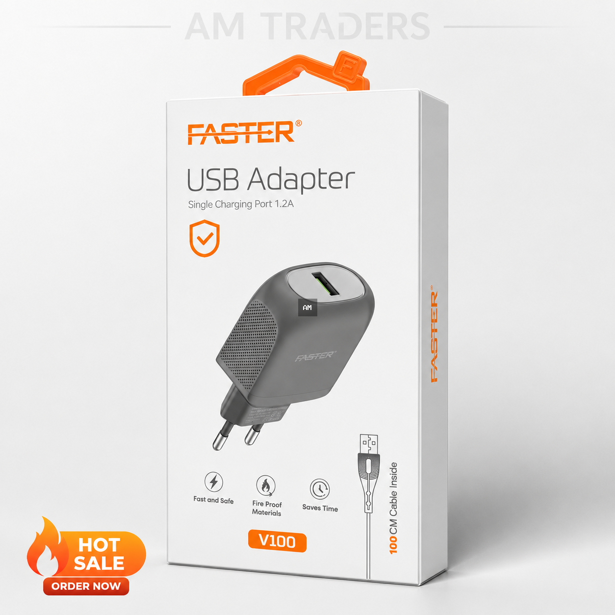 FASTER V100 USB Adapter – 1.2A Single Port Charger with 100cm Cable