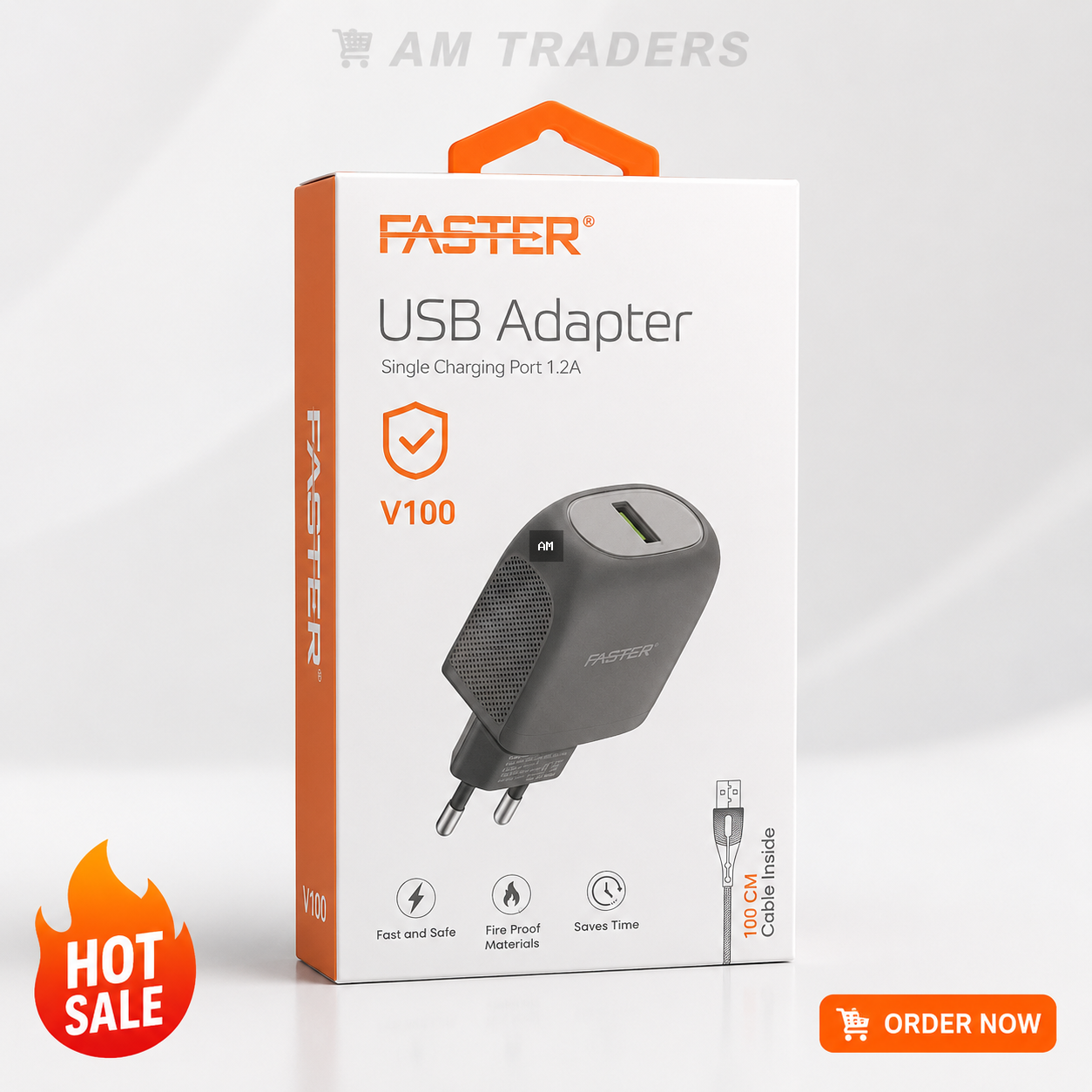FASTER V100 Single Port USB Charger – 1.2A Safe Charging Adapter with Cable